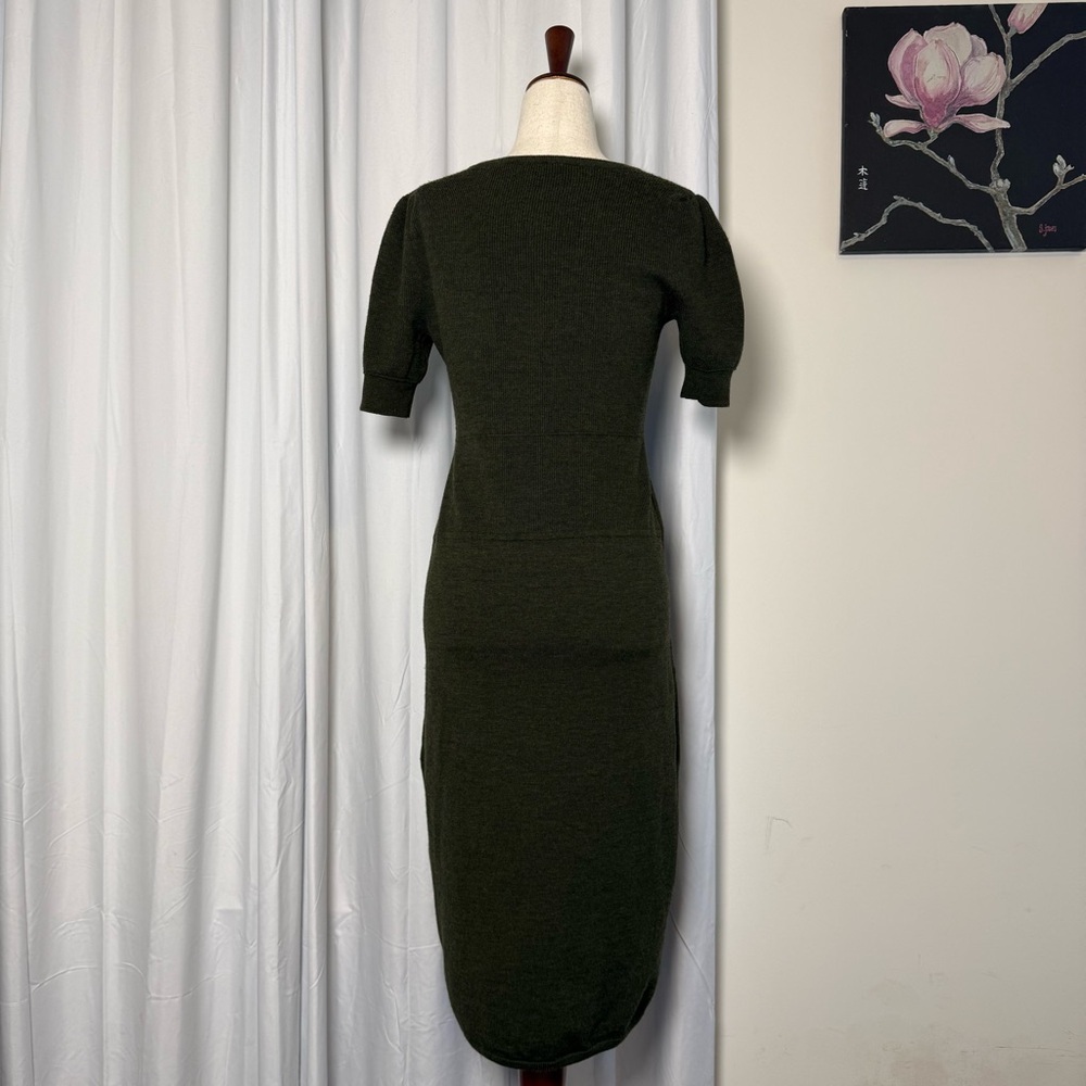 Talbots Olive Green Ribbed Knit Dress Wool Blend V Neck Short Sleeve Small - Picture 3 of 14